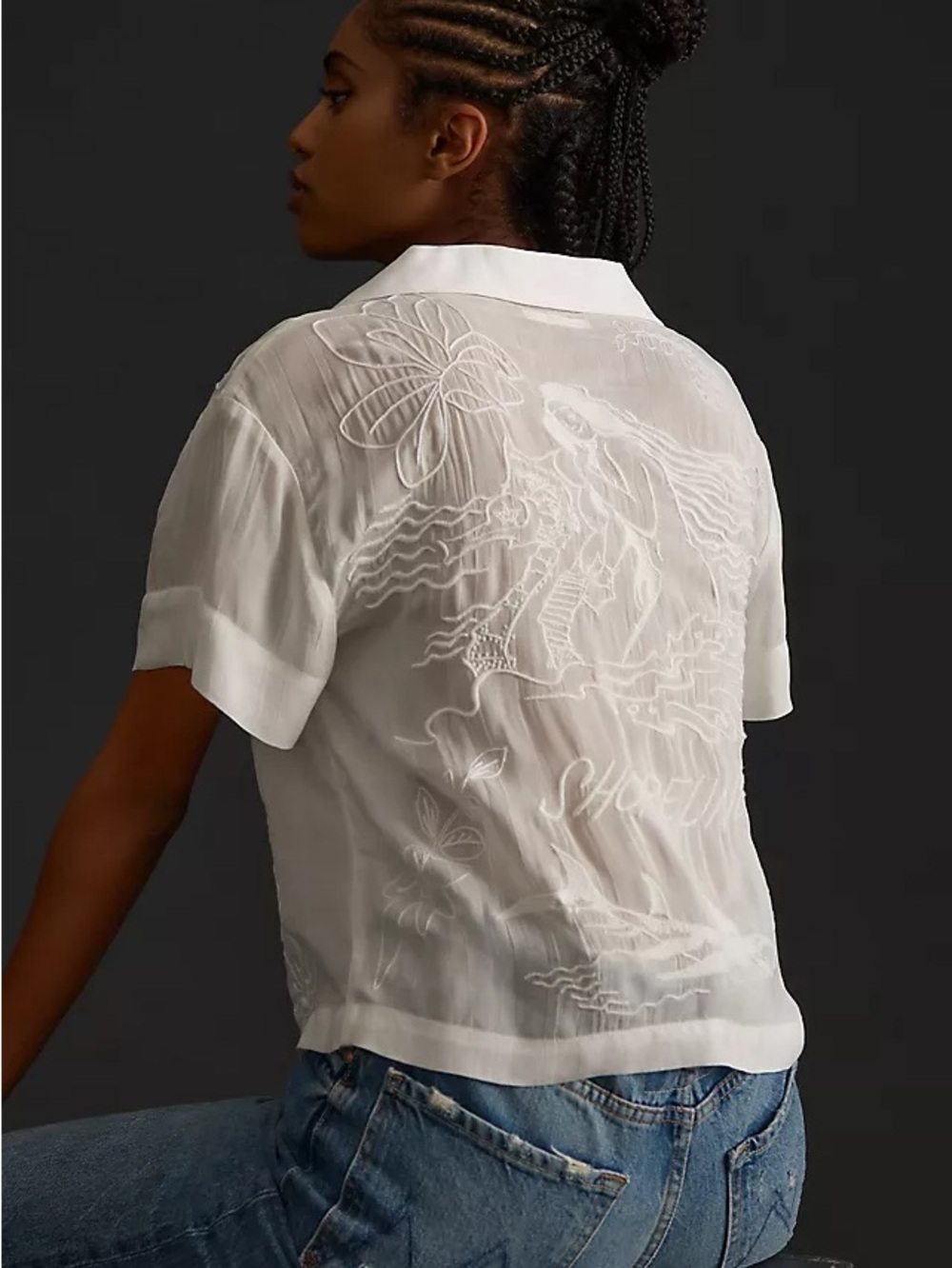 MOTHER White Embroidered Short-Sleeve Button-Down Blouse